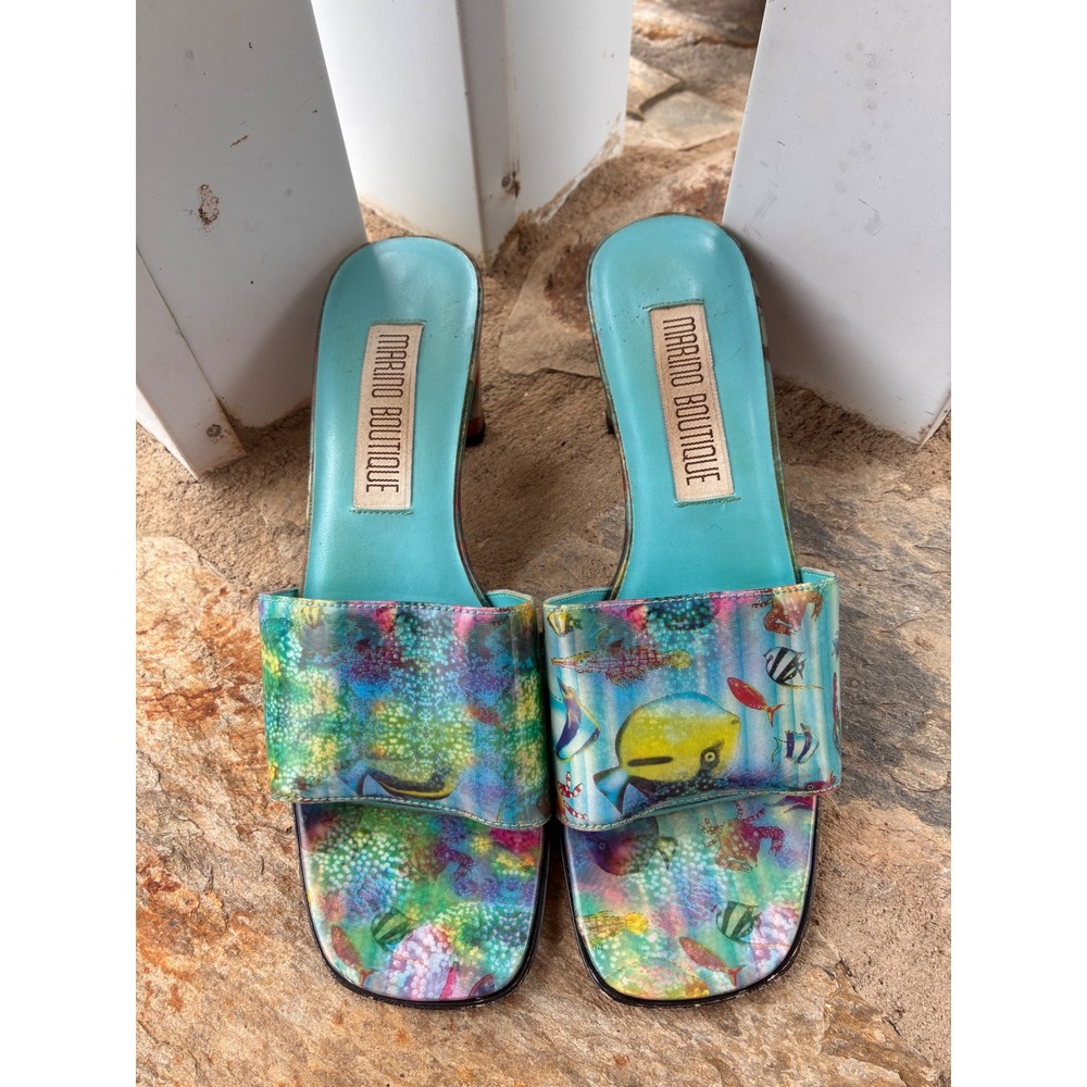 Marino Boutique Tropical Fish Print Square Toe Kitten Heel Slide Sandals 8M